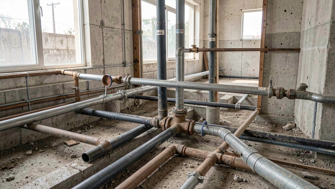 Detalle documental de una instalación de saneamiento relacionada con mantenimiento de redes de saneamiento, con materiales reales, luz natural y sin marcas.