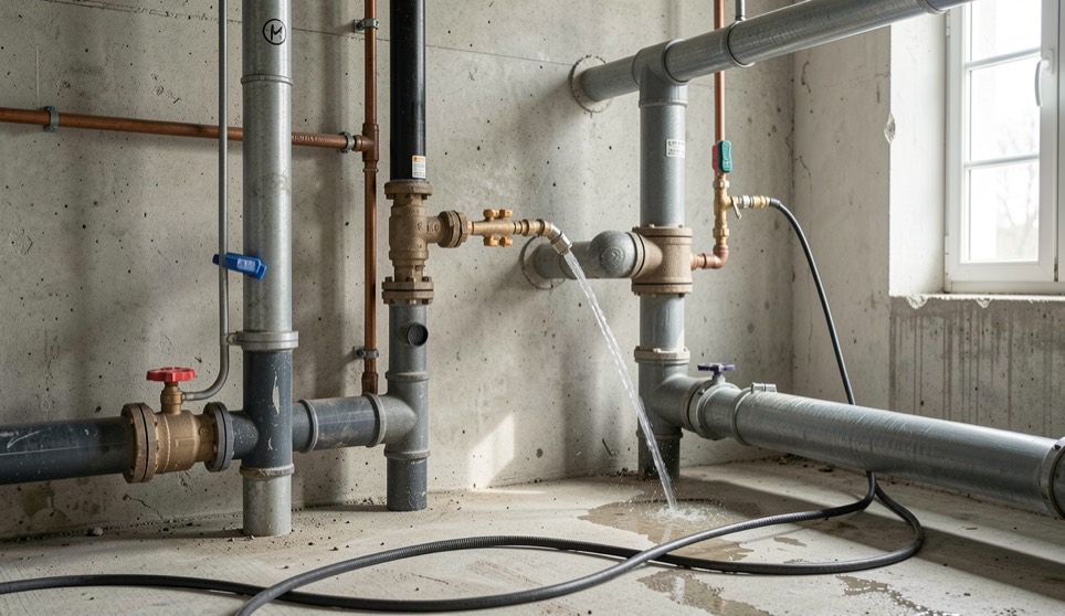 Detalle documental de una instalación de saneamiento relacionada con limpieza de tuberías con agua a presión, con materiales reales, luz natural y sin marcas.