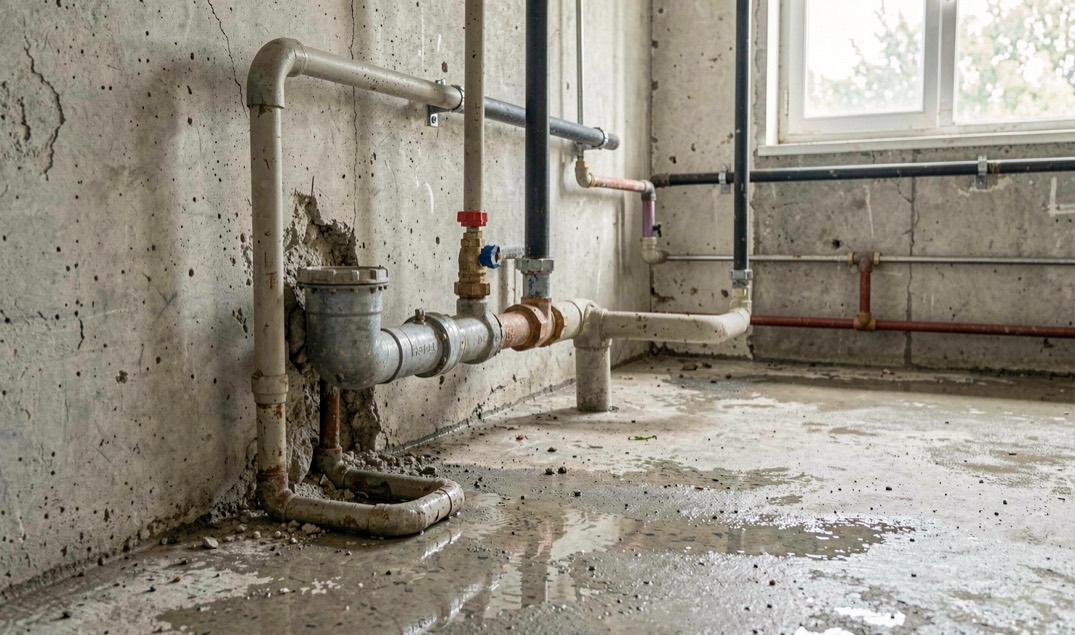 Detalle documental de una instalación de saneamiento relacionada con detección de filtraciones de agua, con materiales reales, luz natural y sin marcas.