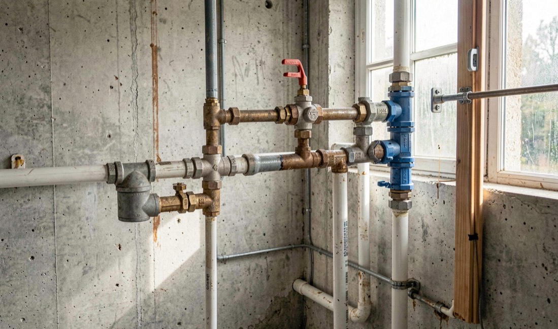 Detalle documental de una instalación de saneamiento relacionada con detección de fugas de agua, con materiales reales, luz natural y sin marcas.