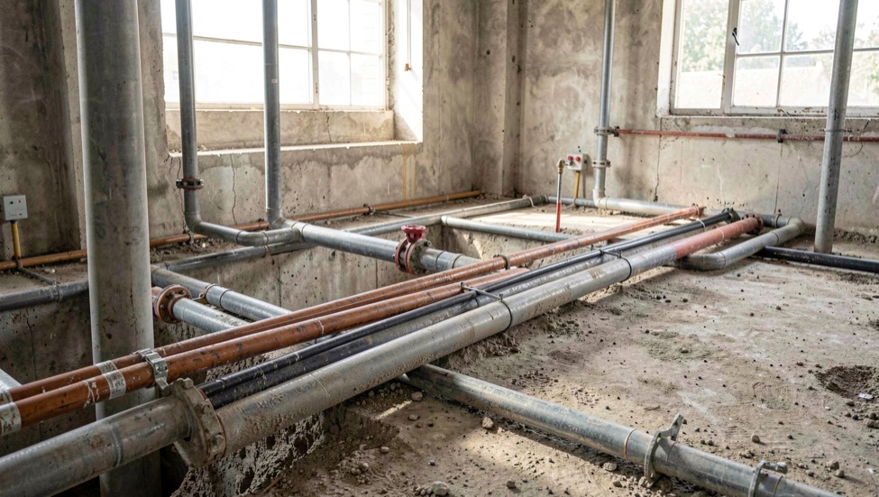 Detalle documental de una instalación de saneamiento relacionada con inspección de redes de saneamiento, con materiales reales, luz natural y sin marcas.