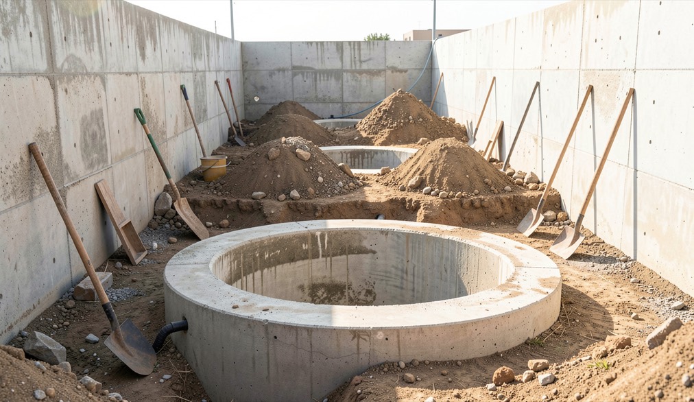 Detalle documental de una instalación de saneamiento relacionada con limpieza de alcantarillas en Chiclana, con materiales reales, luz natural y sin marcas.