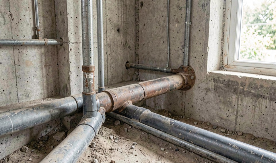 Detalle documental de una instalación de saneamiento relacionada con rehabilitación de tuberías, con materiales reales, luz natural y sin marcas.