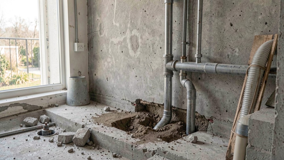 Detalle documental de una instalación de saneamiento relacionada con mantenimiento de desatascos para comunidades, con materiales reales, luz natural y sin marcas.
