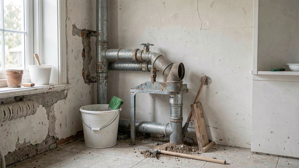 Detalle documental de una instalación de saneamiento relacionada con desatascos caseros, con materiales reales, luz natural y sin marcas.