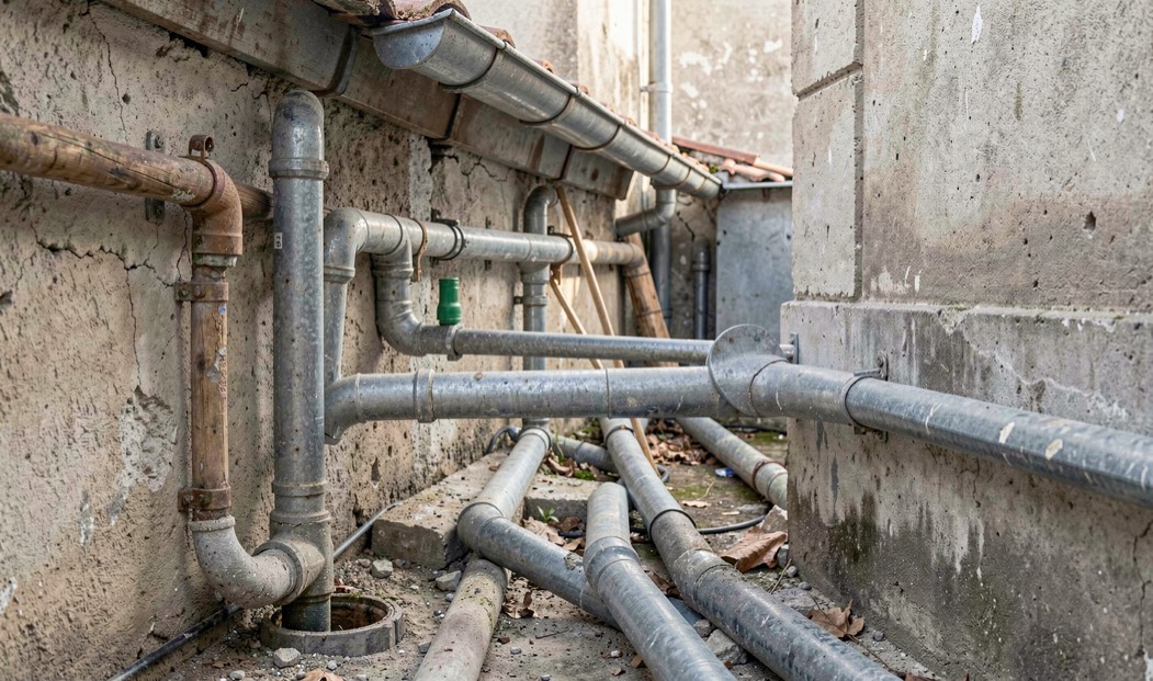 Detalle documental de una instalación de saneamiento relacionada con Madera y agua en el exterior: tarimas y fachadas, con materiales reales, luz natural y sin marcas.