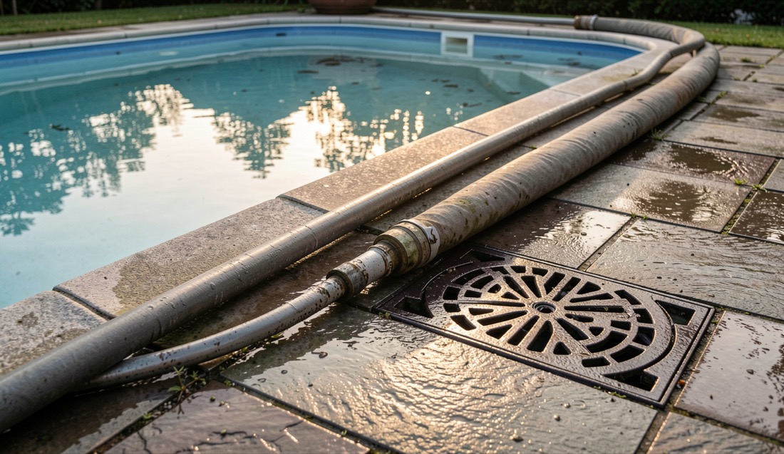 Dos mangueras largas tendidas junto al borde de una piscina hasta una rejilla de desagüe del patio, con baldosas húmedas y luz de media tarde