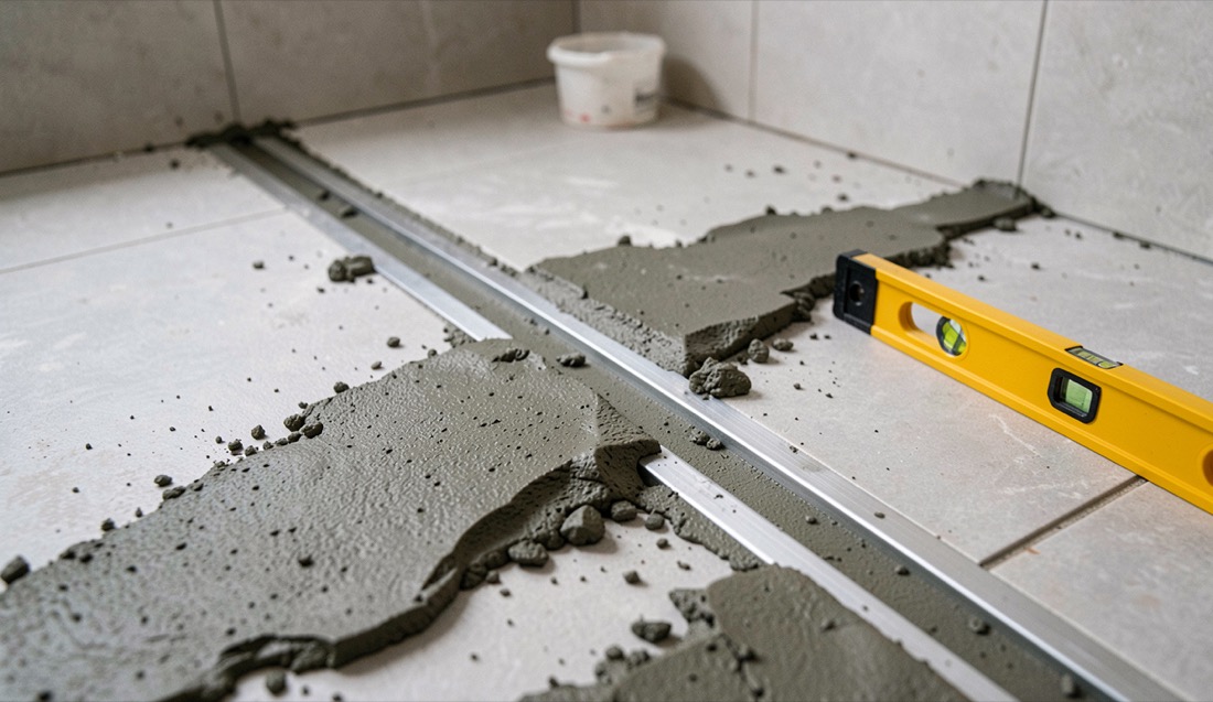 Canal de desagüe lineal colocado en el suelo de una ducha en obra, con mortero de pendiente a medio extender y un nivel amarillo apoyado