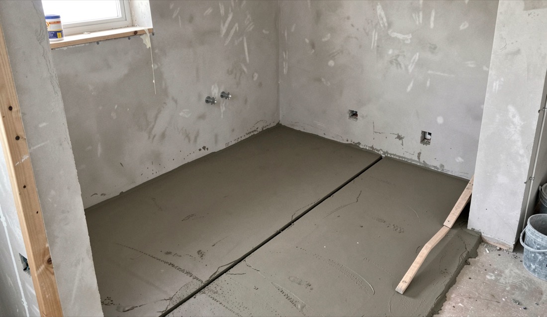 Cuarto de baño en obra con el suelo de la ducha ya nivelado con mortero y las paredes sin revestir
